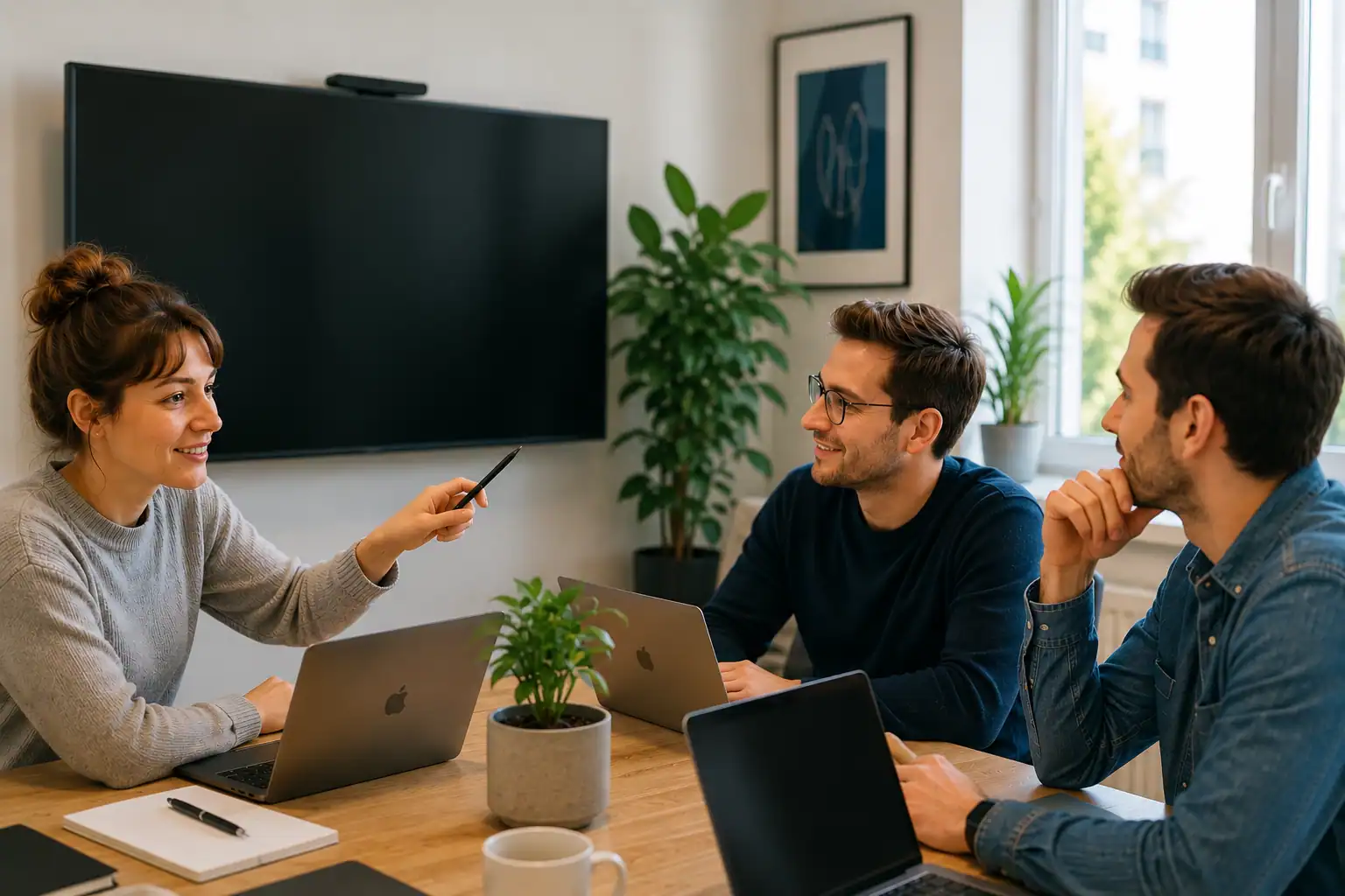 Drei Personen bei einer Besprechung im Büro mit Laptops und Smartphone.