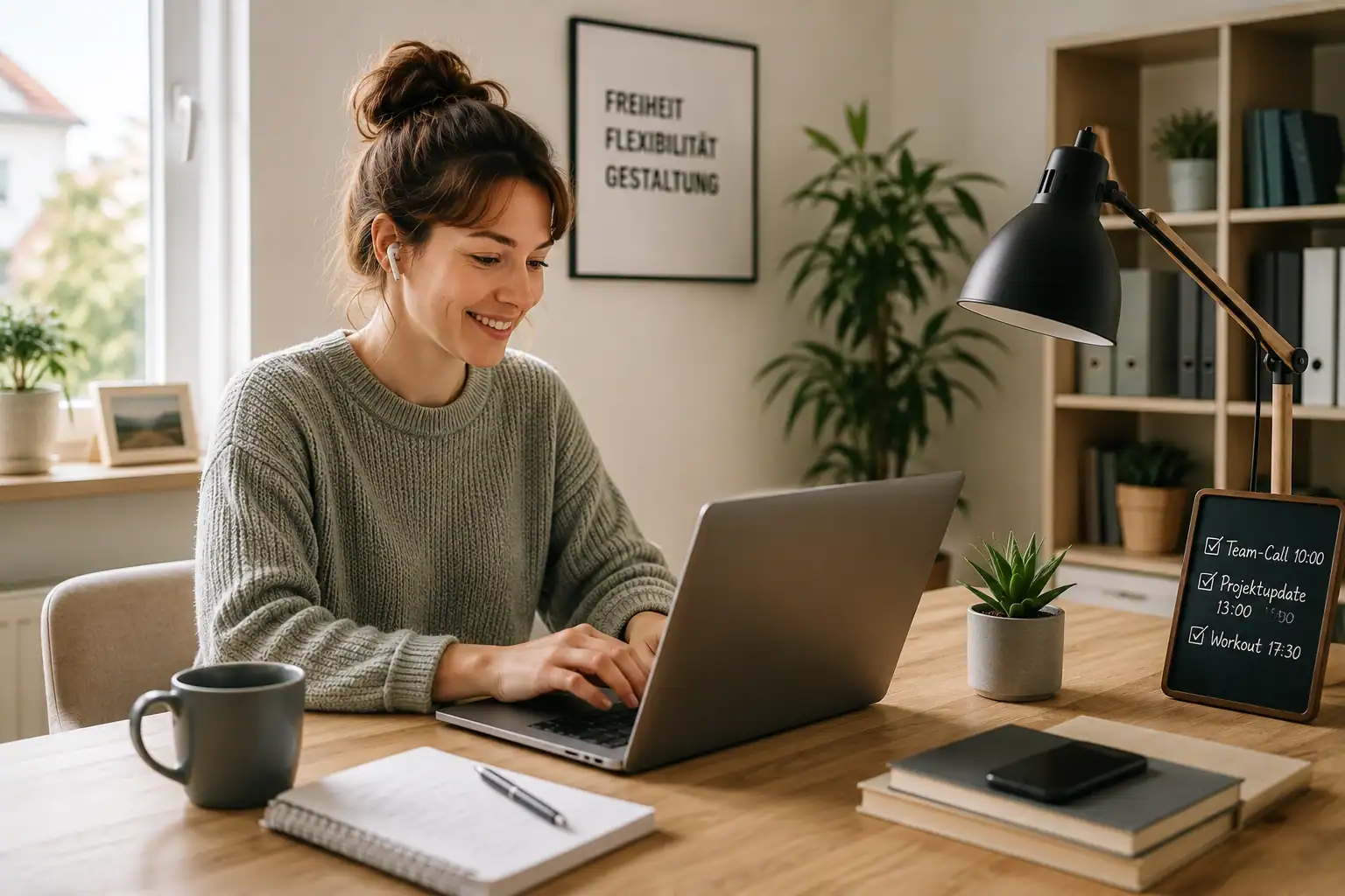 Frau arbeitet an Laptop im modernen Büro mit Dokumenten und Pflanzen.